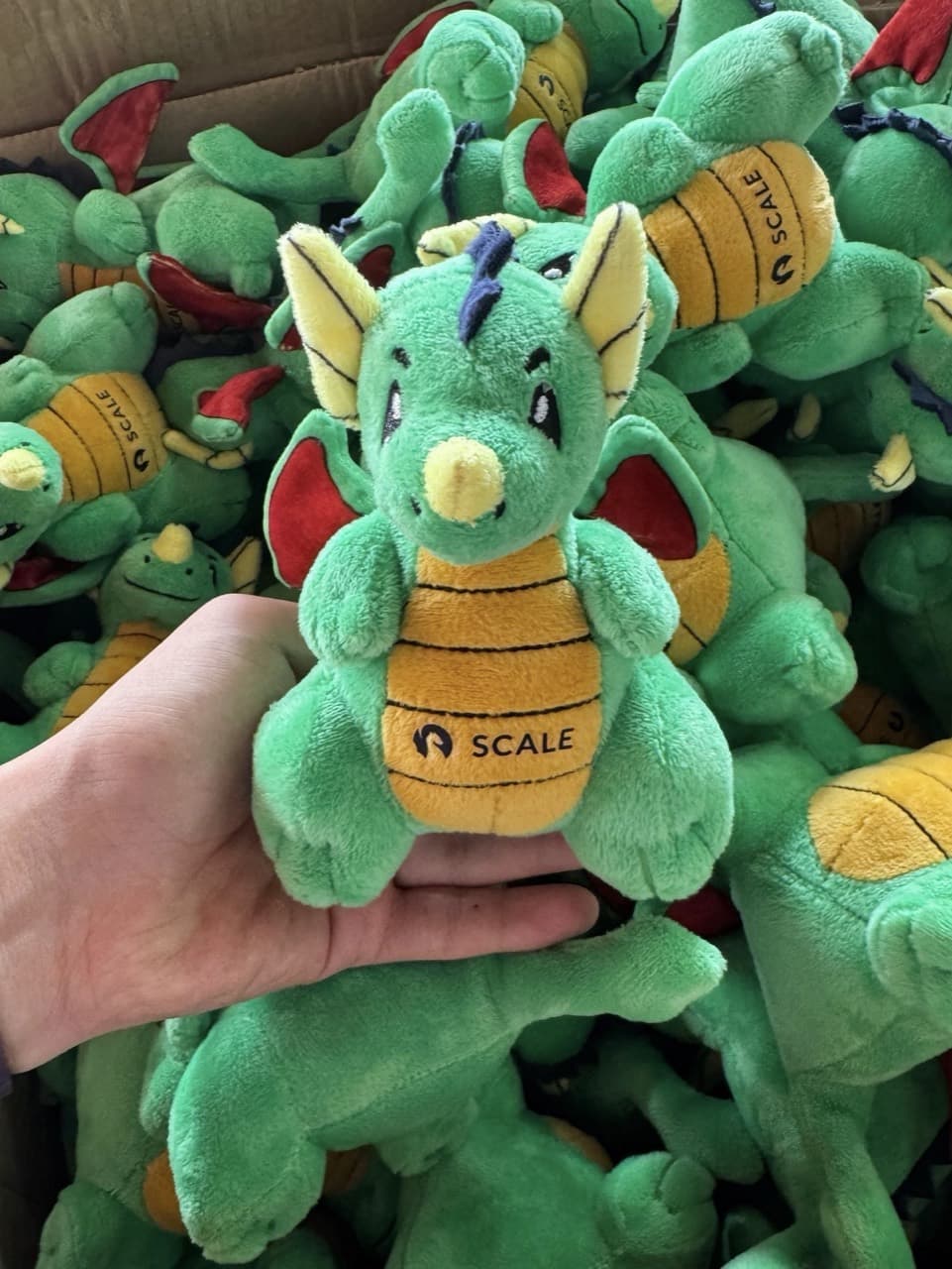 Custom dragon brand mascot plush with embroidered company logo