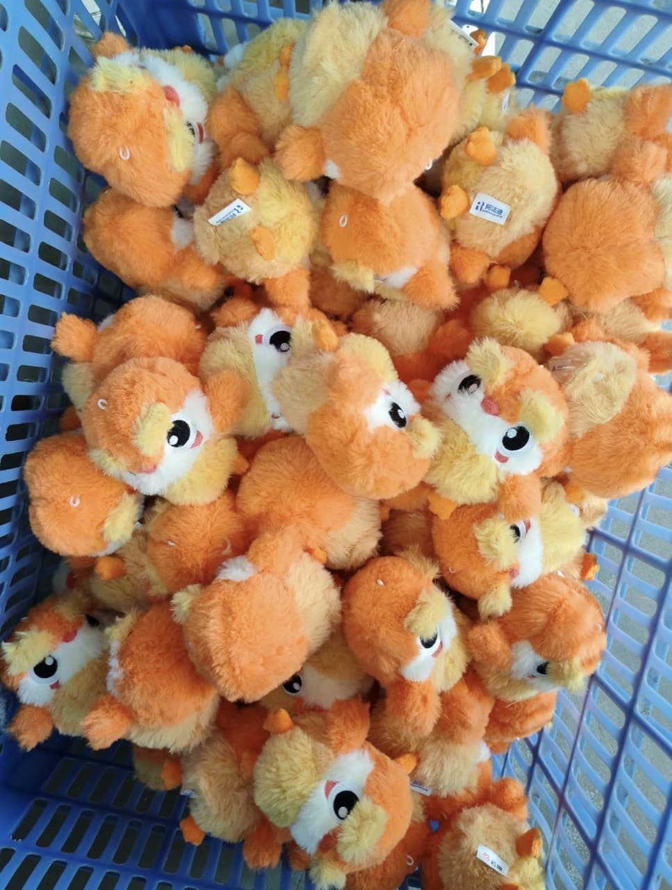 Bulk squirrel plush toys packed in a factory crate