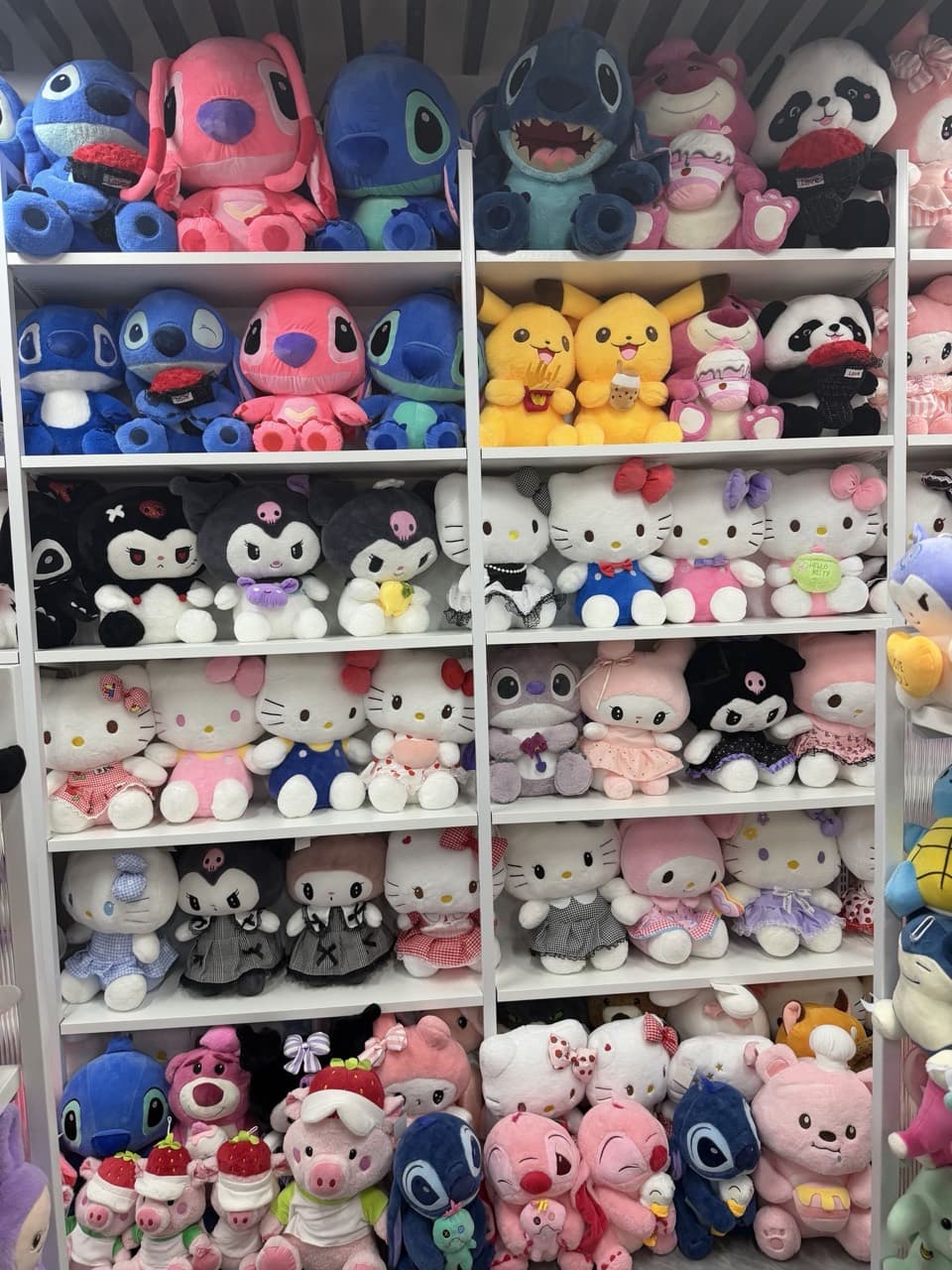 Shelves displaying a collection of plush toys